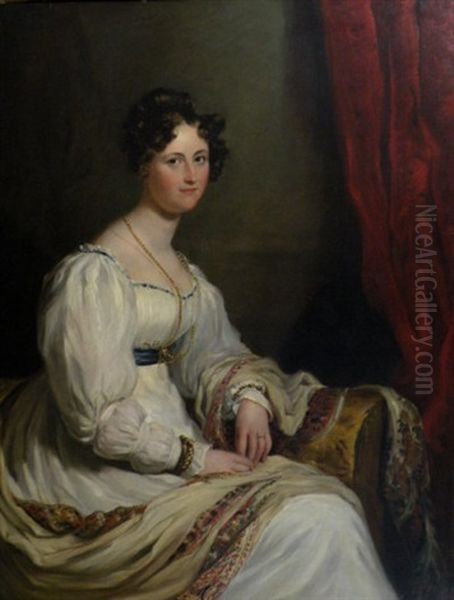 Portrait Of A Young Lady Wearing A White Dress With Blue Sash Seated In An Interior Oil Painting by George Hayter