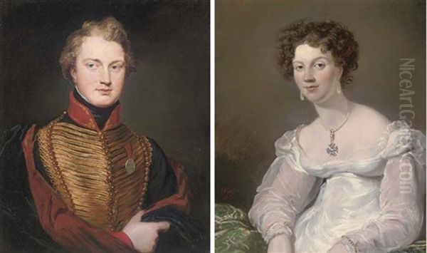 Portrait Of Sir James Robertson Bruce In Military Uniform Wearing The Wellington Medal (+ Portrait Of Ellen Bamford Hesketh In A White Dress And Pearls, Insc.; Pair) Oil Painting by George Hayter