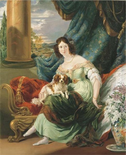 Portrait Of Charlotte, Countess De La Bourdonnaye, In A Green Dress, Seated On A Day Bed, A Dog On Her Lap, An Extensive Landscape Beyond Oil Painting by George Hayter