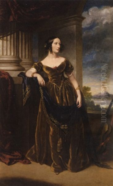 Portrait Of A Lady Standing In A Brown Velvet Gown And Holding A Blue Sash, A View Of Naples And Mount Vesuvius Beyond Oil Painting by George Hayter