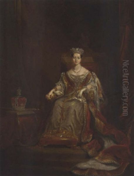 Portrait Of Queen Victoria In Ceremonial Robes, The Crown And Sceptre By Her Side Oil Painting by George Hayter