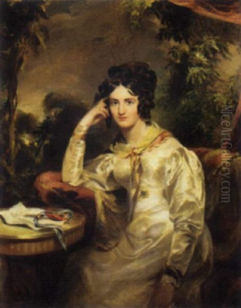 Portrait Of A Lady In A White Dress, A Miniature And Letter On A Table By Her Side, In A Landscape Oil Painting by George Hayter