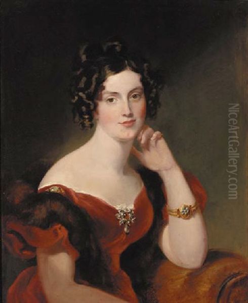 Portrait Of Lady Elizabeth Harcourt In A Red Dress And Fur Wrap Oil Painting by George Hayter