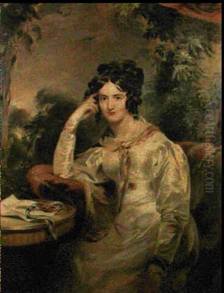 Portrait Of Charlotte Augusta Stuart, Seated Three-quarter  Length, Wearing A White Satin Dress, Her Right Arm Resting Oil Painting by George Hayter