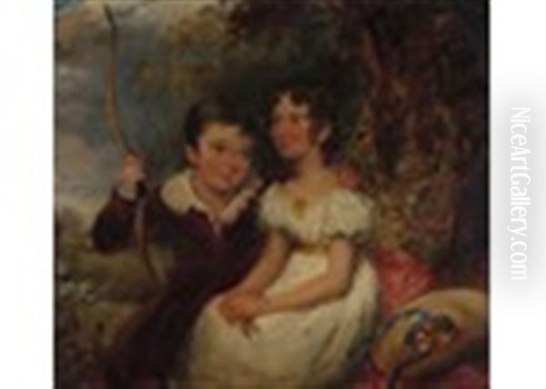 Portrait Of The Children Of John Henry Vivian Esq. Seated In A Landscape, The Boy Holding An Archers Bow Oil Painting by John Hayter