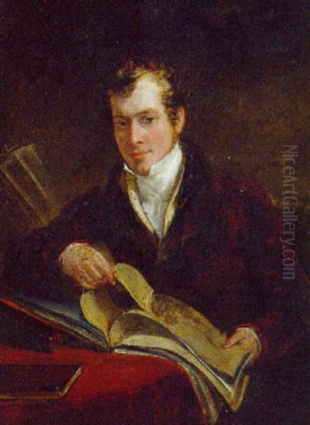 Portrait Of The Hon. Robert S. Jameson, Seated Small Three-quarter-length, In A Red Jacket With Fur Collar And White Shirt, Holding A Book Oil Painting by John Hayter