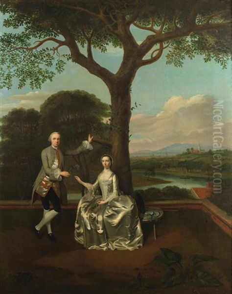 Portrait Of David Gavin Of Gavinton & His First Wife, Christine, Full-length, Before A Landscape Oil Painting by Edward Haytley