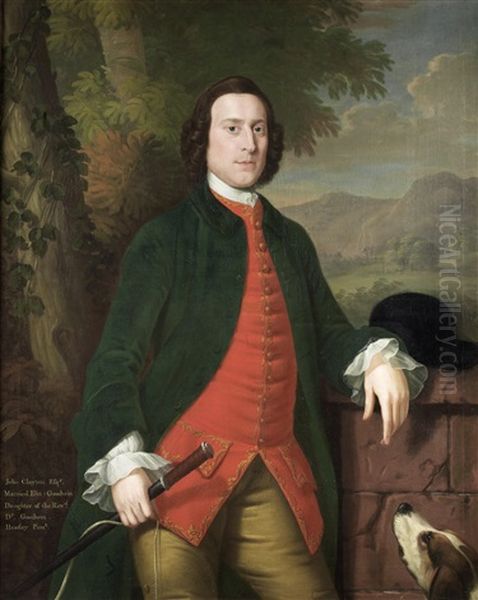 Portrait Of John Clayton, Three-quarter-length, In A Blue Coat And Red Waistcoat, Standing Beside A Fox Hound In A Landscape Oil Painting by Edward Haytley