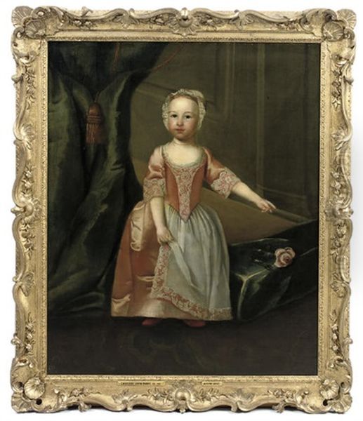 Portrait Of A Young Girl (catherine Smith Barry?) In A Pink Dress And Bonnet, Before A Blue Curtain Oil Painting by Edward Haytley