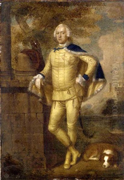 Portrait Of John Manners, Marquis Of Granby, In Masquerade Hussar's Costume, With A Spaniel And Column In A Landscape, Belvoir Castle Beyond Oil Painting by Edward Haytley