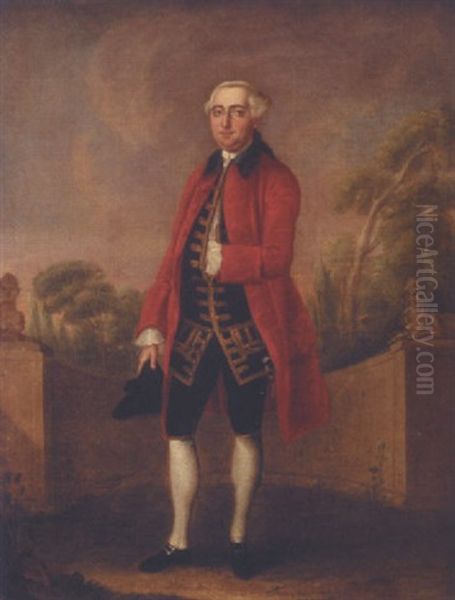 Portrait Of A Gentleman Wearing A Red Coat In A Garden Landscape by Edward Haytley