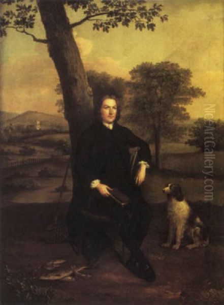 Portrait Of A Gentleman In Black Costume, Holding A Book In His Right Hand, With Fish, A Rod, A Creel And A Dog, In A Landscape Oil Painting by Edward Haytley