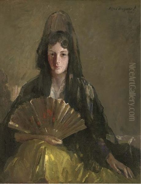 Portrait Of A Woman With A Fan Oil Painting by Alfred Hayward