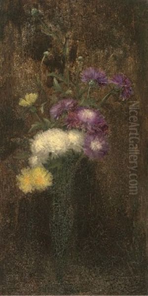 Purple, White And Yellow Flowers In A Tall Vase Oil Painting by Alfred Frederick William Hayward