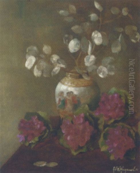 Honesty In A Vase And Posies Of Violets On A Table Oil Painting by Alfred Frederick William Hayward