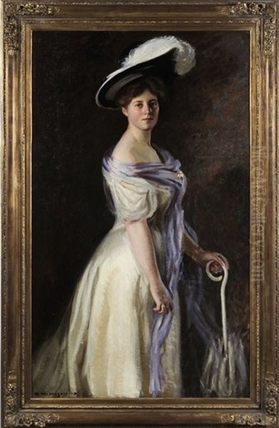 Portrait Of A Woman In Plumed Hat, Holding An Umbrella Oil Painting by Arthur Merton Hazard