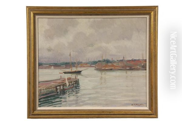 Harbor Scene Under Grey Skies Oil Painting by Arthur Merton Hazard