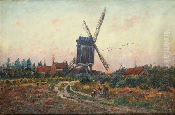 Le Moulin Au Coucher Du Soleil Oil Painting by Alfred Hazledine