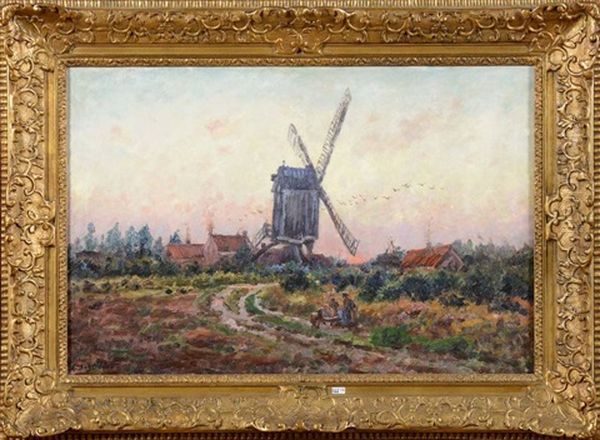 Paysage Anime Au Moulin A Vent Oil Painting by Alfred Hazledine