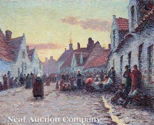 Au Soire, Apres Le Pluie (evening After Rain), Bruges Oil Painting by Alfred Hazledine