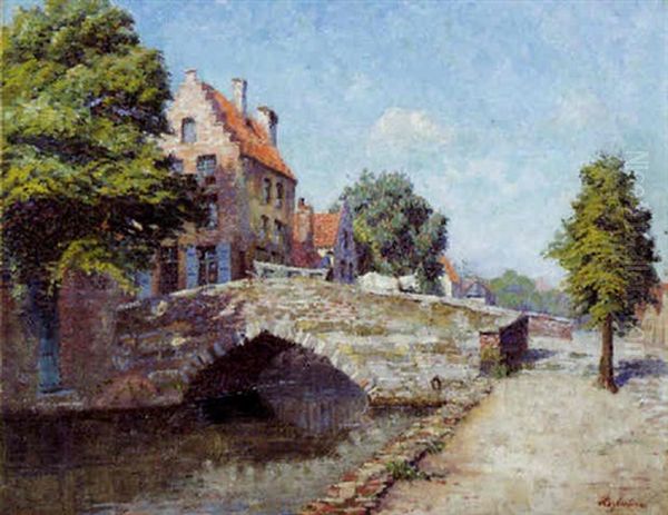 Pont Ensoleille A Bruges Oil Painting by Alfred Hazledine