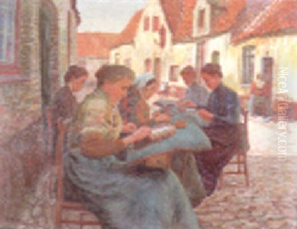 Klossende Vrouwen Te Brugge Oil Painting by Alfred Hazledine