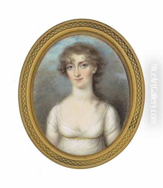 A Young Lady, In White Dress With Gold Waistband Oil Painting by Thomas Hazlehurst