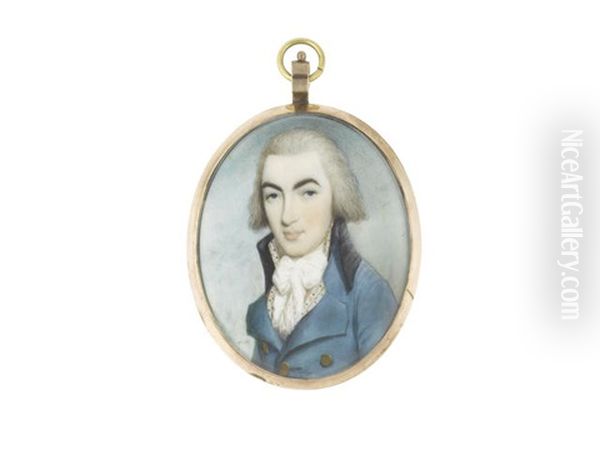 A Gentleman, Wearing Blue Coat And Embroidered Waistcoat, White Frilled Chemise And Tied Cravat, His Hair Powdered by Thomas Hazlehurst