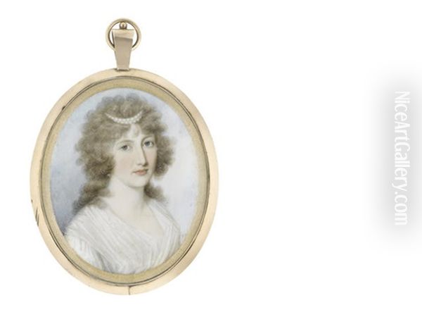 A Lady Called, Arabella Edwards, Wearing White Dress, Her Curled And Powdered Hair Worn A La Conseilleur And Dressed With A Double-stranded Pearl Slide Oil Painting by Thomas Hazlehurst