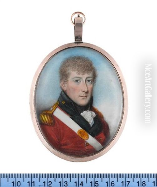 An Officer, Wearing Red Coat With Black Facings And Standing Collar, Gold Buttons And Epaulettes, White Cross Belt With Oval Gilt-metal Belt Plate Engraved Smr, White Frilled Chemise And Black Stock Oil Painting by Thomas Hazlehurst