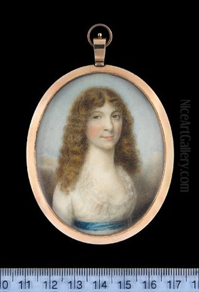 Julia Seton, Wearing White Dress With Frilled Neckline And Blue Ribbon Sash, Her Curled Hair Worn Long Oil Painting by Thomas Hazlehurst