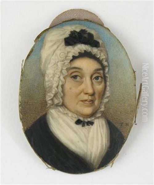 Portrait Of A Woman Wearing A Blue Dress And A White Lace Bonnet Oil Painting by Thomas Hazlehurst