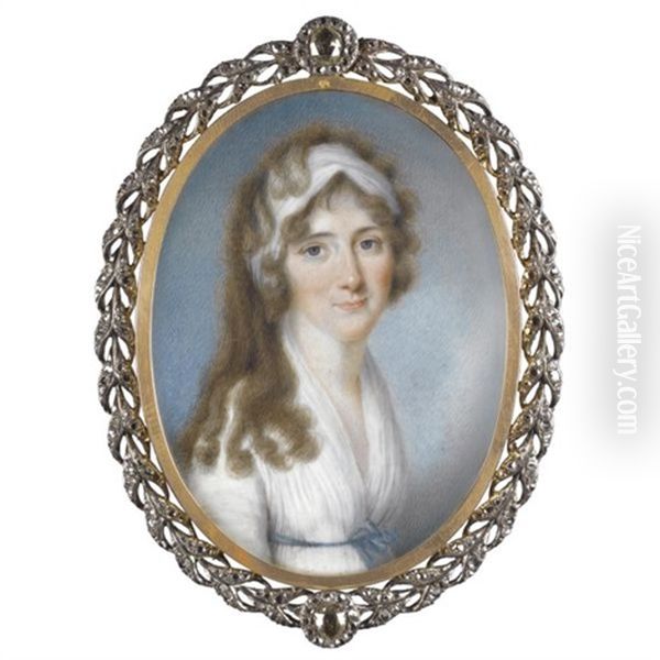 Portrait Of A Lady Wearing A White Dress, Blue Ribbon And A White Bandeau Oil Painting by Thomas Hazlehurst