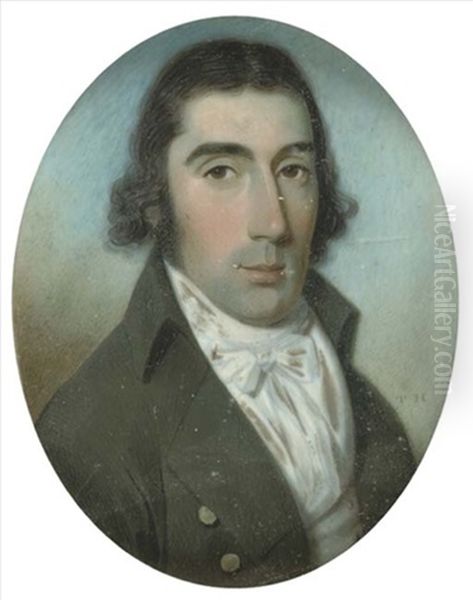 A Gentleman In Open Green Coat And White Waistcoat, Dark Wavy Hair Oil Painting by Thomas Hazlehurst