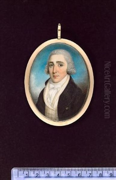 A Gentleman Wearing Black Coat With Velvet Collar, Striped Yellow And White Waistcoat And Tied White Cravat, His Hair Powdered Oil Painting by Thomas Hazlehurst