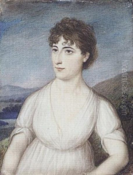 A Lady Wearing White Dress, With Landscape Background Of Mountains And A River by Thomas Hazlehurst