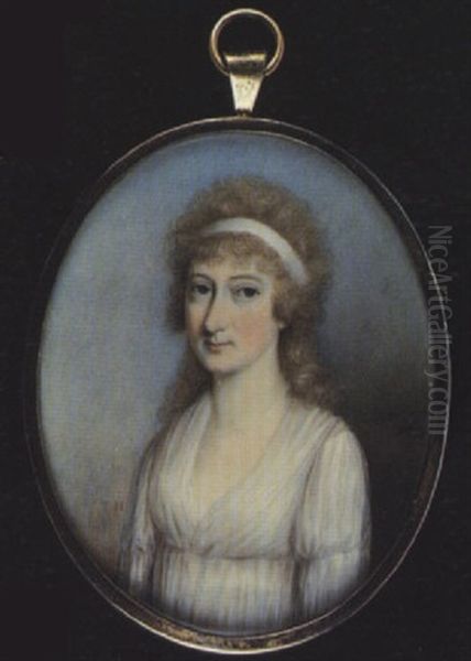 A Lady Wearing White Decollete Dress, A White Ribbon In Her Curled Hair Oil Painting by Thomas Hazlehurst