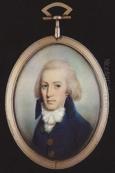 A Gentleman, With Short Powered Hair, Wearing Blue Coat With High Collar And Gold Buttons, Tied White Stock And Frilled Cravat Oil Painting by Thomas Hazlehurst