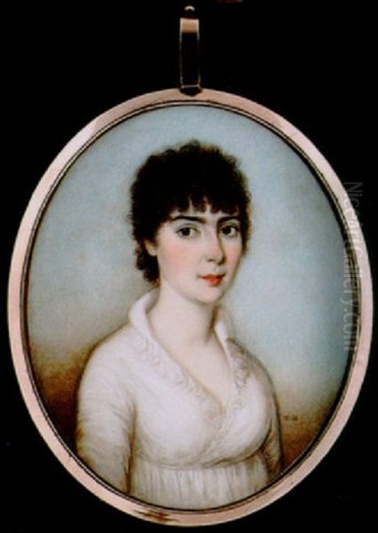 A Young Lady With Short Curled Hair Wearing Decollette White Dress With White Trimmed Collar Oil Painting by Thomas Hazlehurst