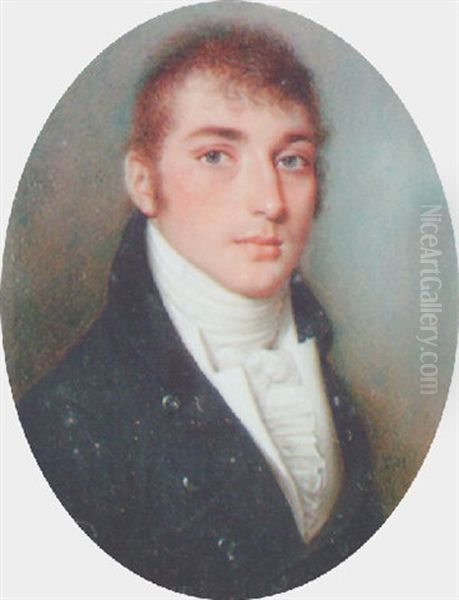 A Fine Portrait Of A Gentleman, Wearing A Black Coat With Silvered Buttons, A White Waistcoat, Stock And A Frilled Cravat Oil Painting by Thomas Hazlehurst