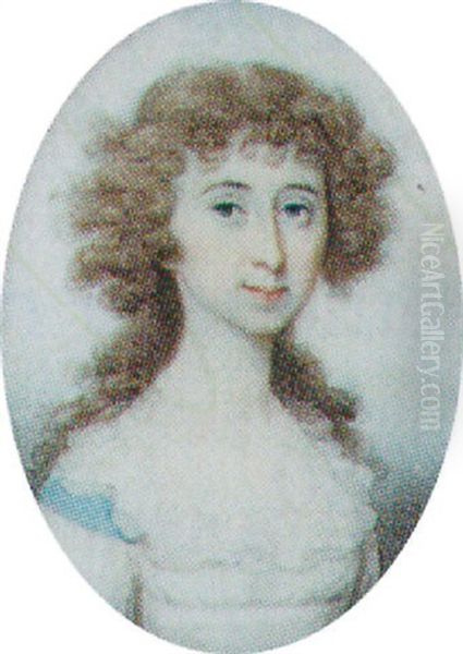 A Young Lady With Brown Hair Wearing A White Dress With Blue Trim Oil Painting by Thomas Hazlehurst