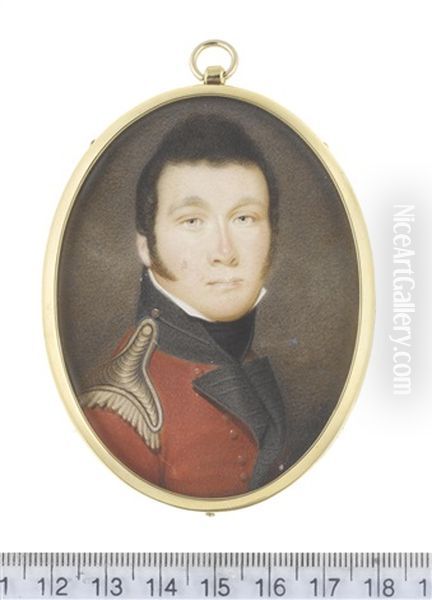 An Officer, Wearing Red Coat With Black Standing Collar And Facings, Gold Epaulette, White Chemise And Black Stock Oil Painting by John Hazlitt