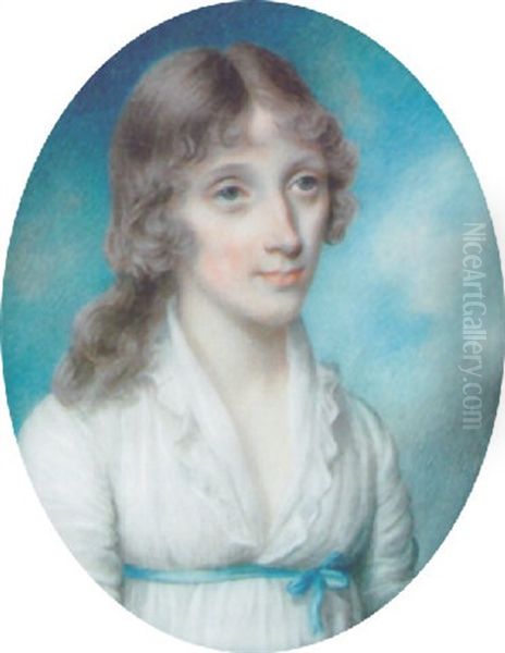 A Pretty Young Lady, With A White Bandeau In Her Curling Brown Hair, Wearing A Low-cut White Dress With Frilled Border Oil Painting by John Hazlitt