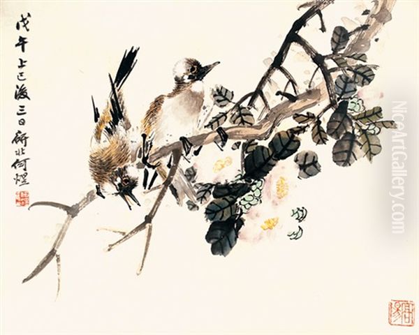 Flowers And Birds Oil Painting by  He Yu