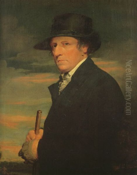 Portrait Of The Reverand John Disney Ddfsa Wearing A Black Coat And Hat, Holding A Jockey's Whip, A Landscape At Sunset Beyond Oil Painting by Guy Head