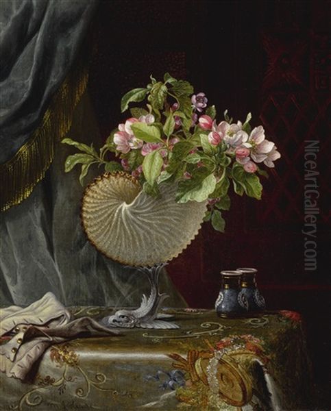 Apple Blossoms In A Nautilus Shell Vase Oil Painting by Martin Johnson Heade