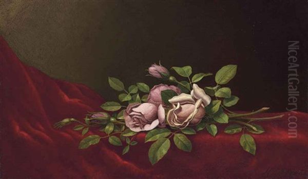 Pink Roses On A Red Cloth Oil Painting by Martin Johnson Heade