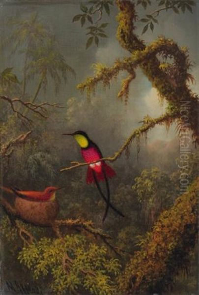 A Pair Of Nesting Crimson Topaz Hummingbirds Oil Painting by Martin Johnson Heade