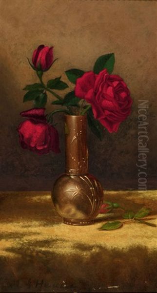 Red Roses In A Japanese Vase On A Gold Velvet Cloth Oil Painting by Martin Johnson Heade