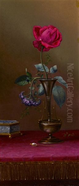 Red Rose And Heliotrope In A Vase, Requited And Unrequited Love Oil Painting by Martin Johnson Heade